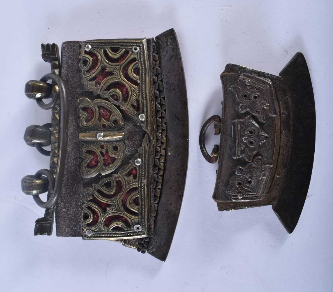 TWO 18TH/19TH CENTURY TIBETAN BRONZE AND IRON TINDER POUCHES Mechag or Chuckmuck. Largest 12 cm x 10