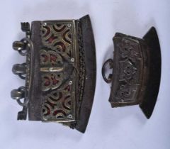 TWO 18TH/19TH CENTURY TIBETAN BRONZE AND IRON TINDER POUCHES Mechag or Chuckmuck. Largest 12 cm x 10