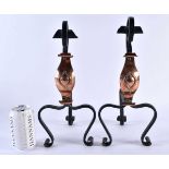 A PAIR OF ARTS AND CRAFTS COPPER AND WROUGHT IRON ANDIRONS decorated with a motif. 35 cm x 14 cm.