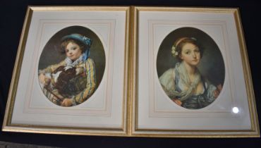 Jean Babtiste Greuze (1725-1805) Two Framed prints "Boy with a dog" & "Young girl" 39 x 31 cm