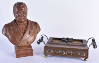 AN ART NOUVEAU COPPER AND WOOD MOUNTED DESK STAND together with a terracotta antique bust by Jacques