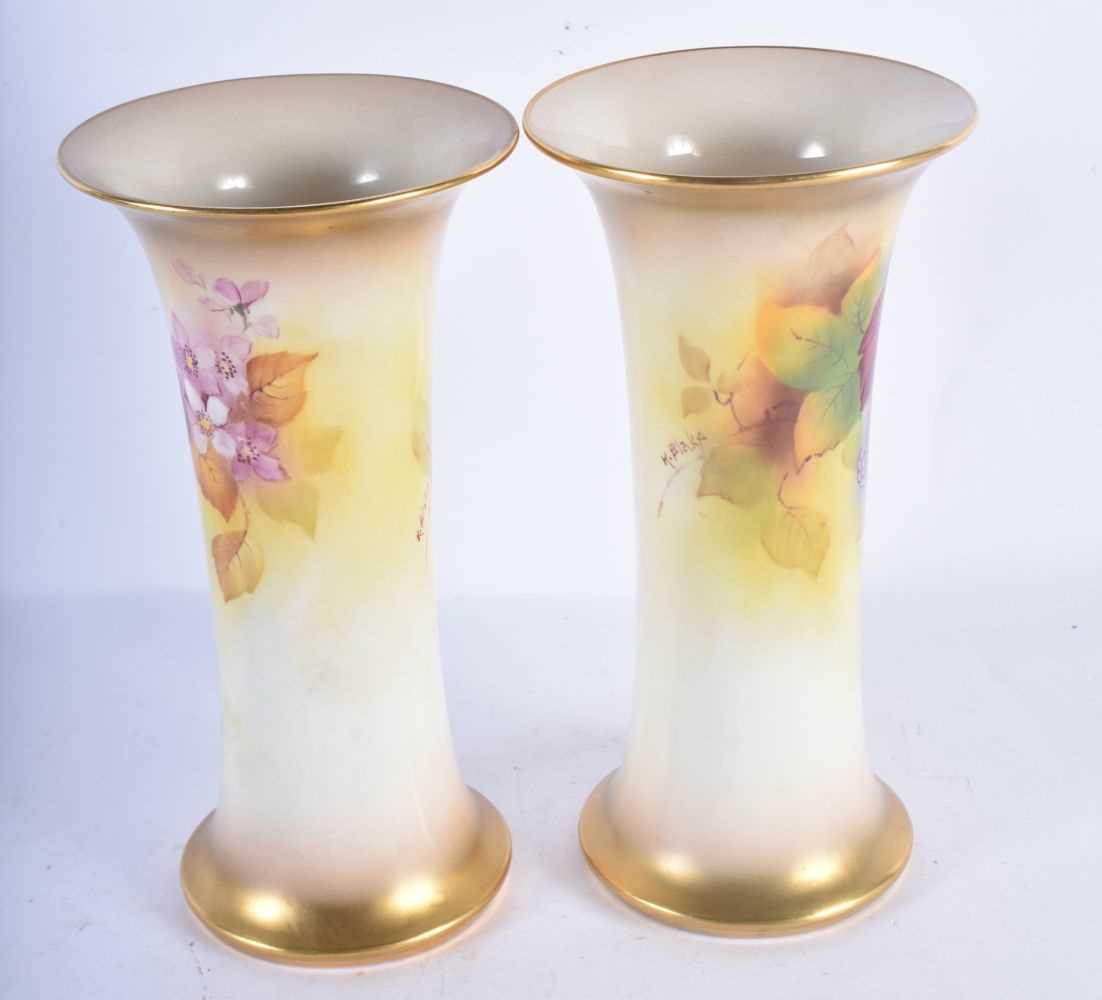 A PAIR OF ROYAL WORCESTER BLUSH IVORY VASES by Kitty Blake. 19 cm high. - Image 2 of 5