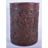 A FINE 19TH CENTURY CHINESE CARVED BAMBOO BITONG BRUSH POT Qing, depicting scholars within