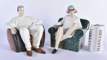 AN UNUSUAL PAIR OF MID CENTURY CERAMIC FIGURES OF A MALE AND FEMALE of rare oversized form, possibly