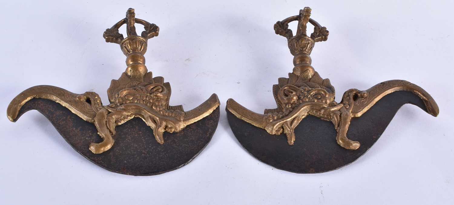 A PAIR OF 19TH CENTURY TIBETAN BRONZE DRAGON BEAST VAJRA KNIVES. 15 cm x 17 cm. - Image 2 of 3