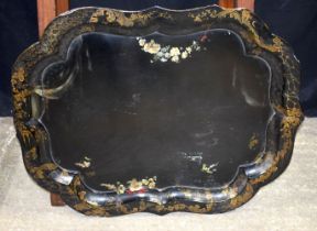 A large paper mache lacquered Chinoiserie tray 64 x 79 cm