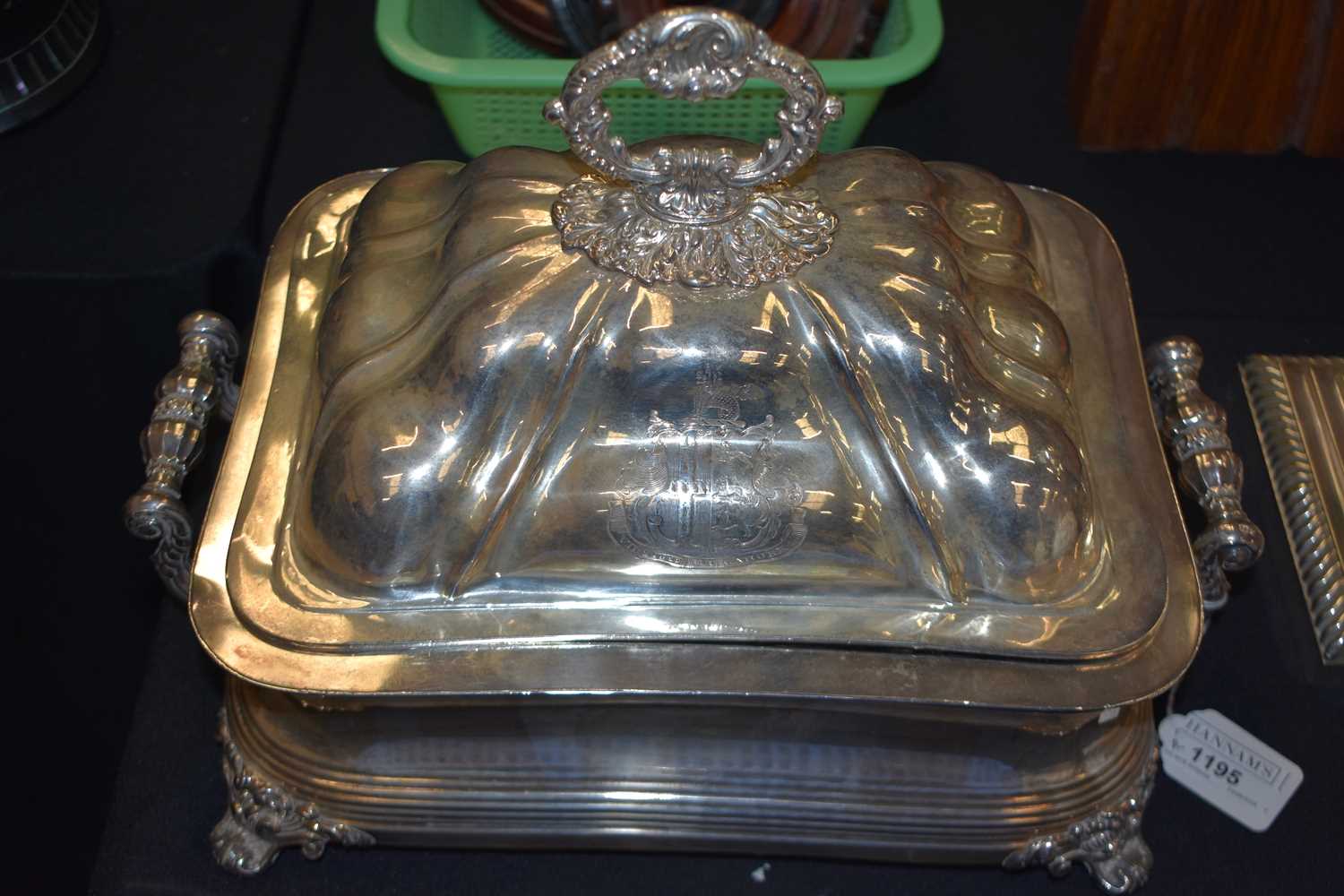 A LARGE PAIR OF LATE 18TH/19TH CENTURY ENGLISH SILVER PLATED TUREENS with probably silver armorial - Image 3 of 27