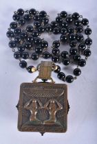 A Vintage Maltese Cross Egyptian Pendant with a Bead Necklace. 84cm long, weight 107g
