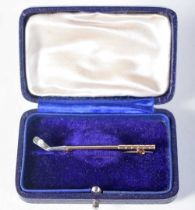 An Antique Gold Golf Club Bar Brooch with a Pearl Ball in a fitted case. 5.4cm x 0.7cm, weight 3.1g