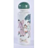 A 19TH CENTURY CHINESE FAMILLE ROSE CYLINDRICAL SNUFF BOTTLE AND STOPPER Qing, painted with