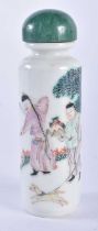 A 19TH CENTURY CHINESE FAMILLE ROSE CYLINDRICAL SNUFF BOTTLE AND STOPPER Qing, painted with