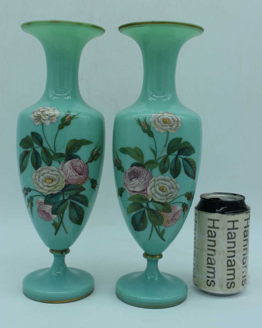 A pair of antique Opaline glass vases decorated with flowers 31 cm (2) - Image 2 of 6
