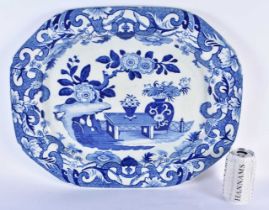 A VERY LARGE 19TH CENTURY MASONS IRONSTONE BLUE AND WHITE CHINESE STYLE PLATTER. 48 cm x 38 cm.