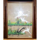A framed South East Asian oil on board depicting cranes 44 x 31 cm.