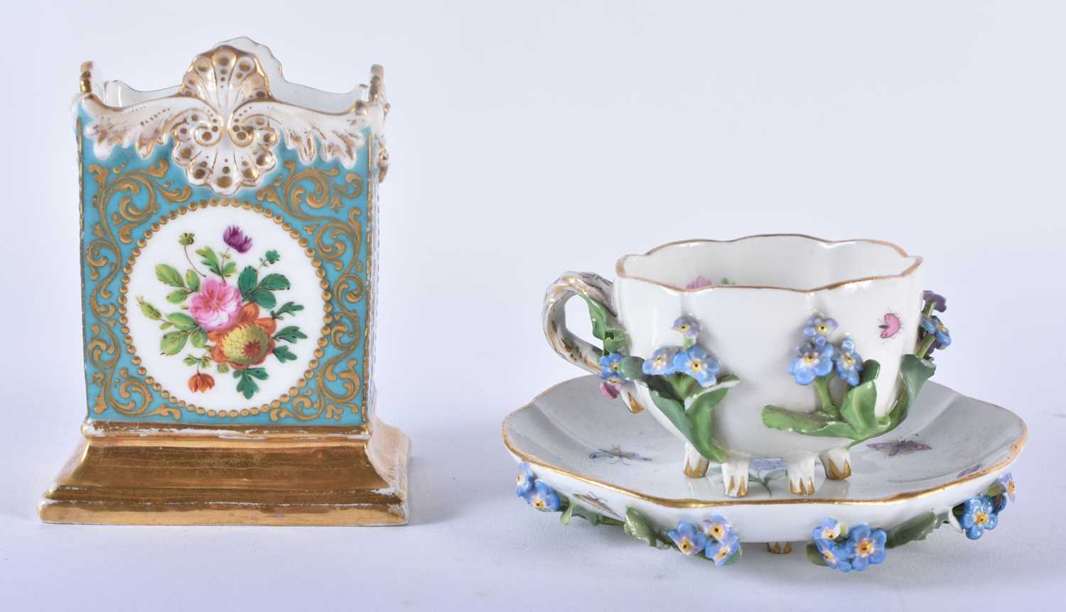 A 19TH CENTURY FRENCH JACOB PETIT PORCELAIN DESK OBJECT together with a Meissen encrusted cup and