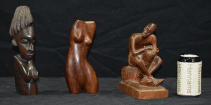 A carved Walnut figure of a female nude by John Fox together with two African Tribal carvings 21