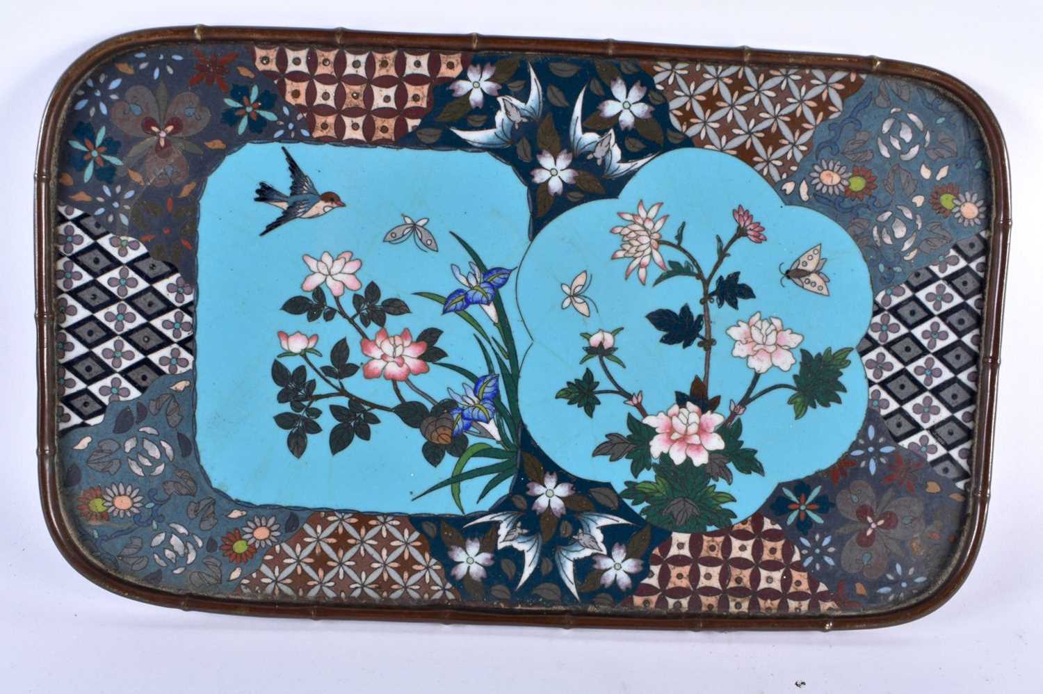 A RARE PAIR OF 19TH CENTURY JAPANESE MEIJI PERIOD CLOISONNE ENAMEL TRAYS decorated with birds and - Image 2 of 8