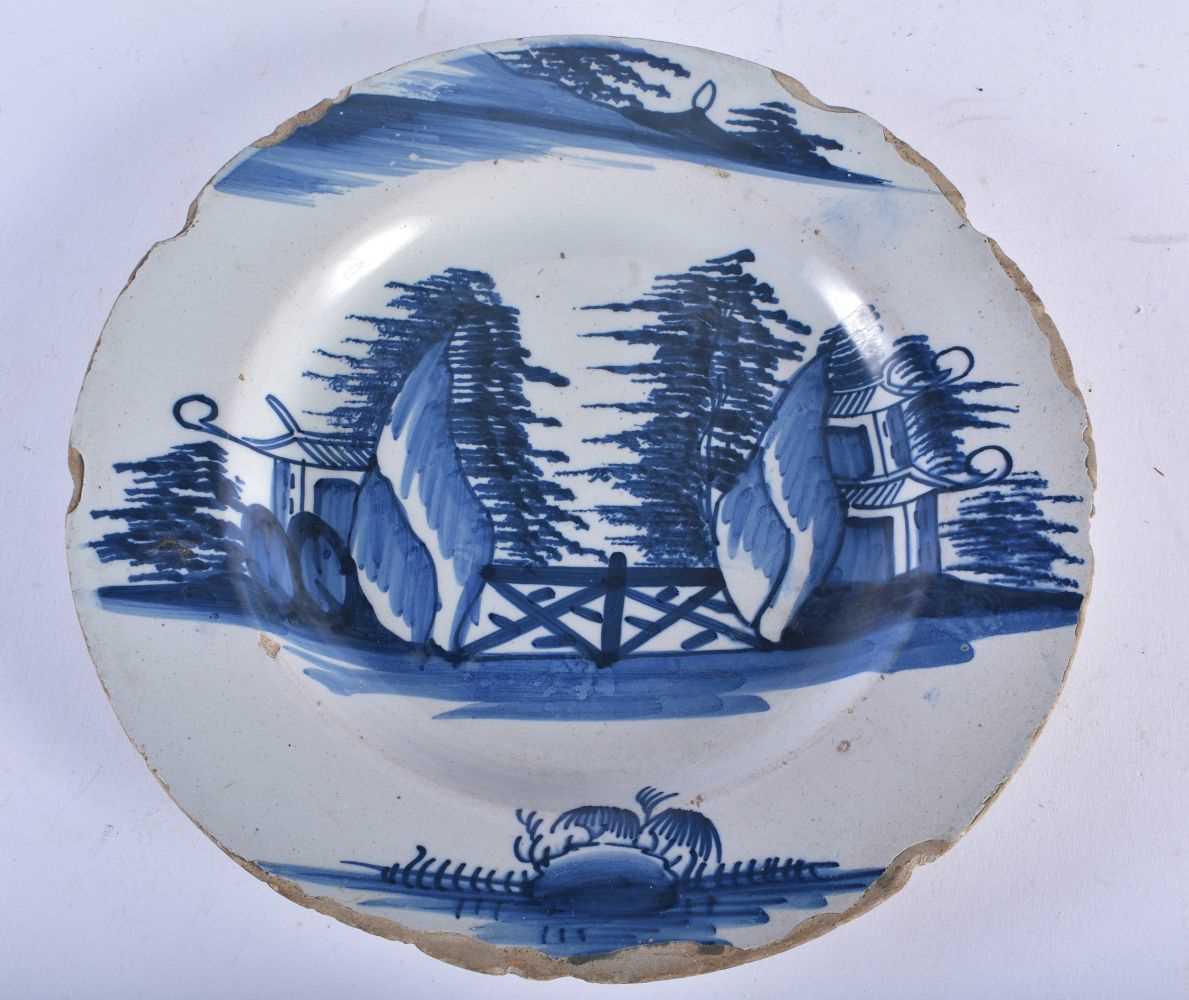 THREE 18TH CENTURY DELFT TIN GLAZED POTTERY PLATES one painted with a single figure, two painted - Image 2 of 6