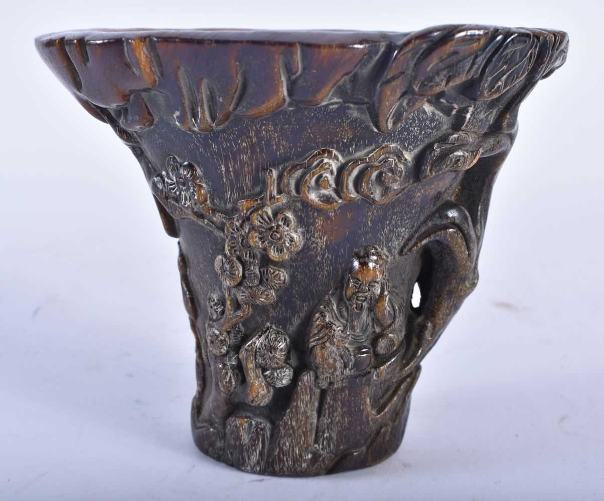 A CHINESE CARVED BUFFALO HORN TYPE LIBATION CUP 20th Century. 626 grams. 13 cm x 13 cm. - Image 3 of 6