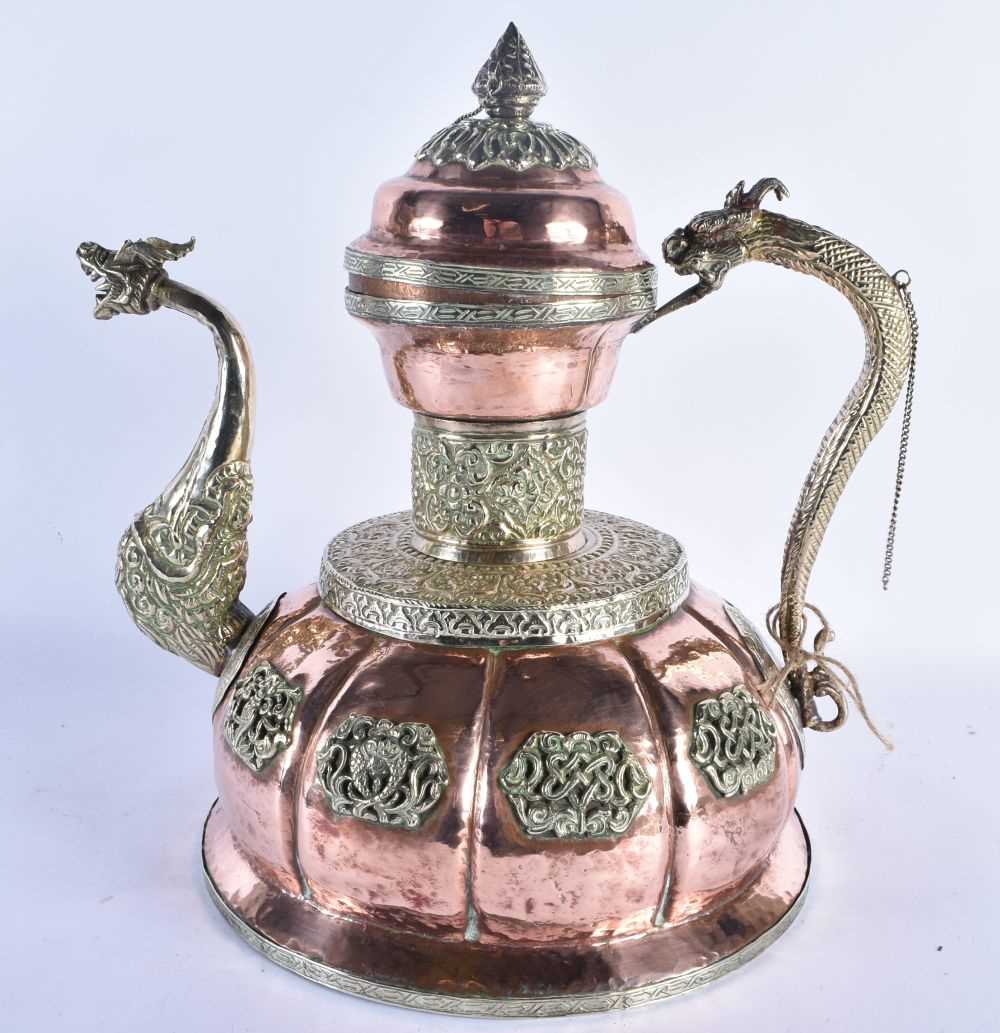 A LARGE 19TH CENTURY TIBETAN REPOUSSE WHITE METAL AND COPPER EWER decorated with dragons and - Image 5 of 8