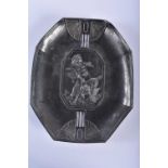 A SECESSIONIST MOVEMENT PEWTER PUTTI AND HOUND DISH possibly by WMF, decorated with wings. 25cm x 20