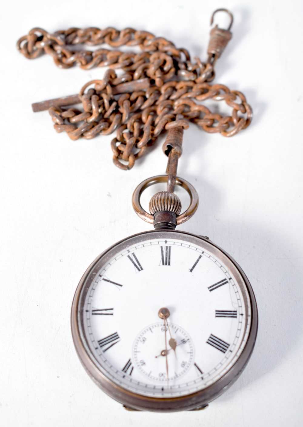 A Gun Metal Cased Pocket Watch with a Steel Chain. 4.9cm dial, not working