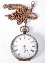 A Gun Metal Cased Pocket Watch with a Steel Chain. 4.9cm dial, not working