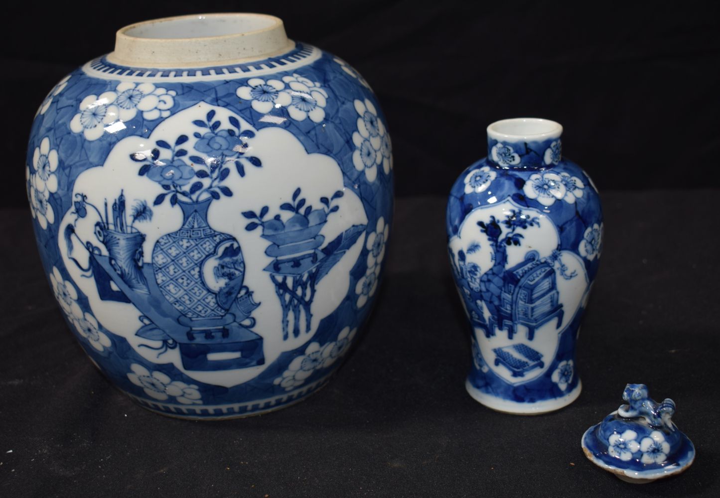 A pair of Chinese Carved hardwood figures together with a Porcelain blue and white Ginger Jar, - Image 9 of 10
