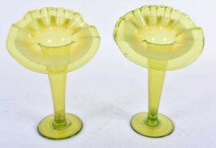 Pair of Uranium Vaseline Glass Jack in the Pulpit vases. 19.5cm x 13cm x 9cm (2)