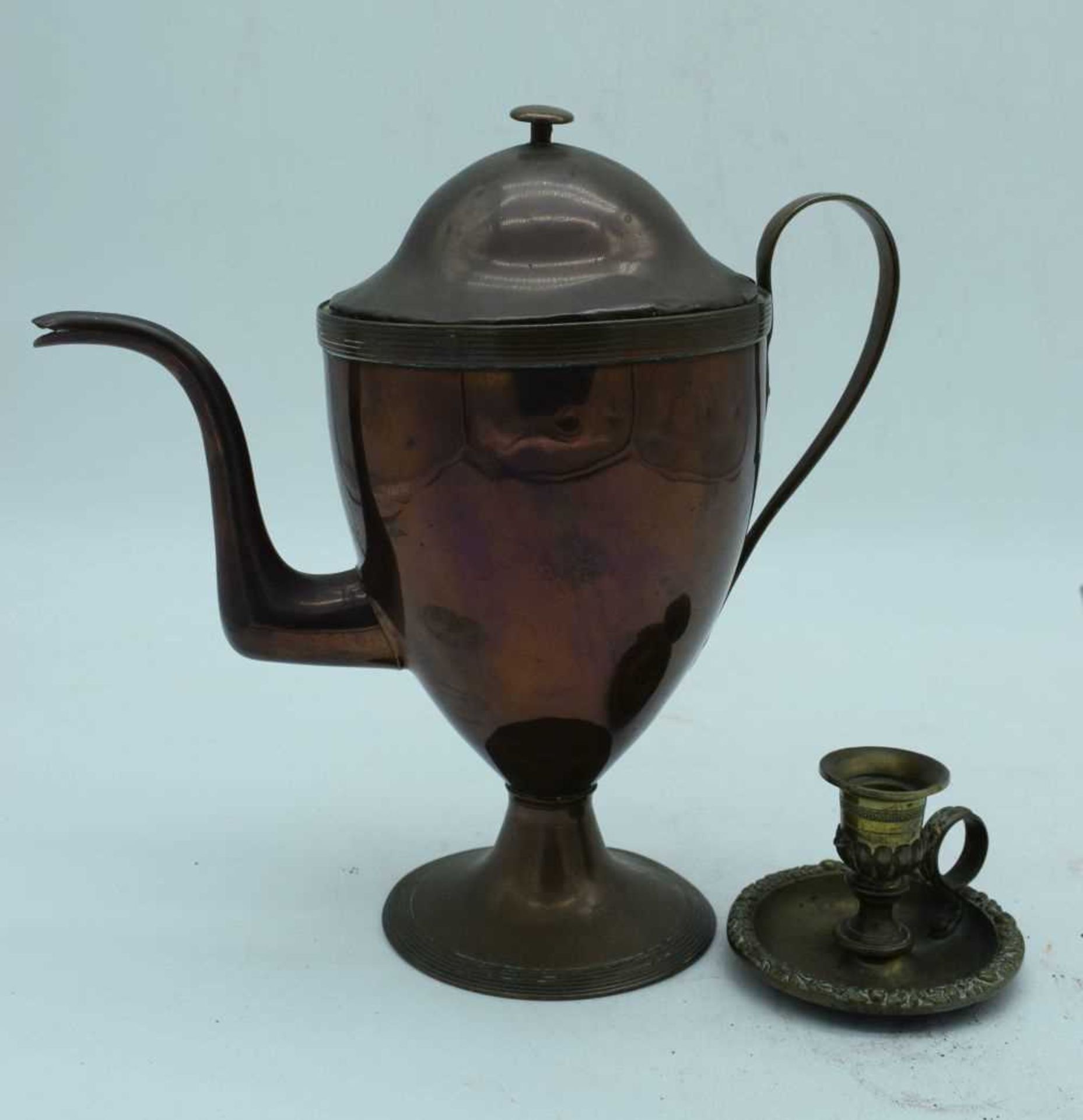 An antique copper Aran jug together with an antique Iron, copper kettle , Kettle Trivet etc - Image 5 of 10