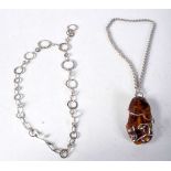 Two Silver Necklaces (1 with Amber Pendant). Stamped 925, Longest 41cm, total weight 70.8g (2)