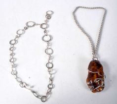 Two Silver Necklaces (1 with Amber Pendant). Stamped 925, Longest 41cm, total weight 70.8g (2)