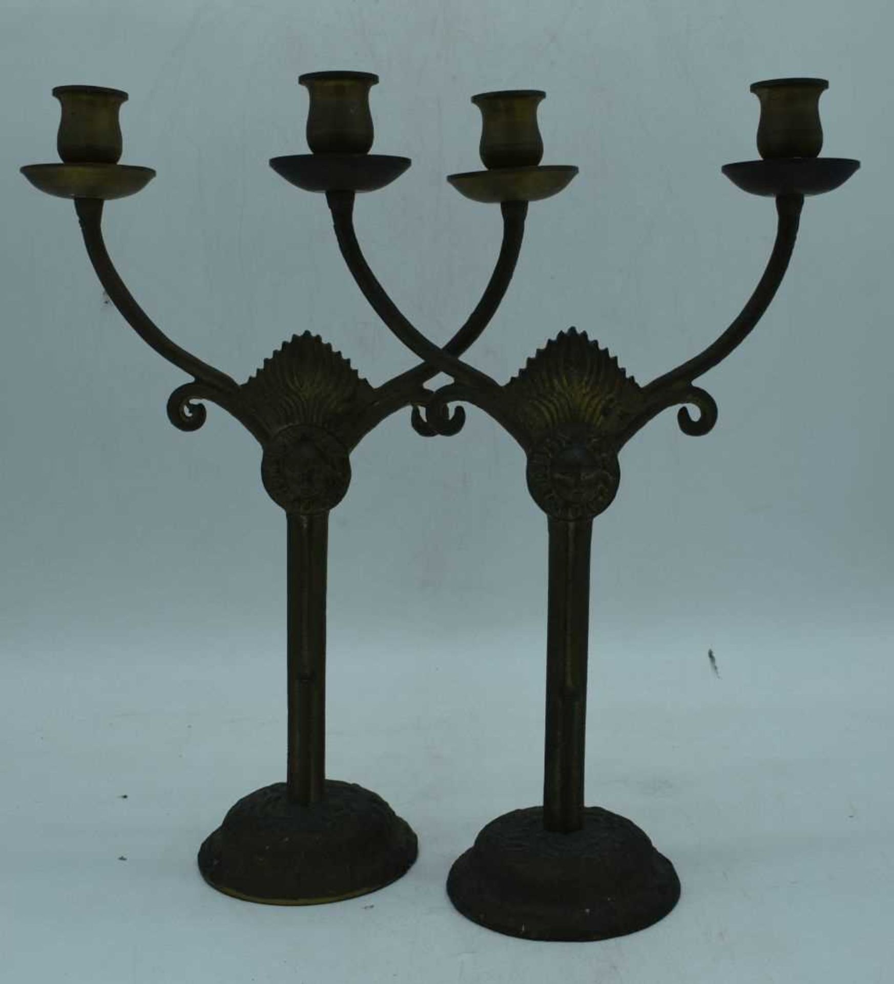 A pair of gilt metal candlesticks together with a mirrored metal galleried tray 50 x 32 cm (3). - Image 3 of 8