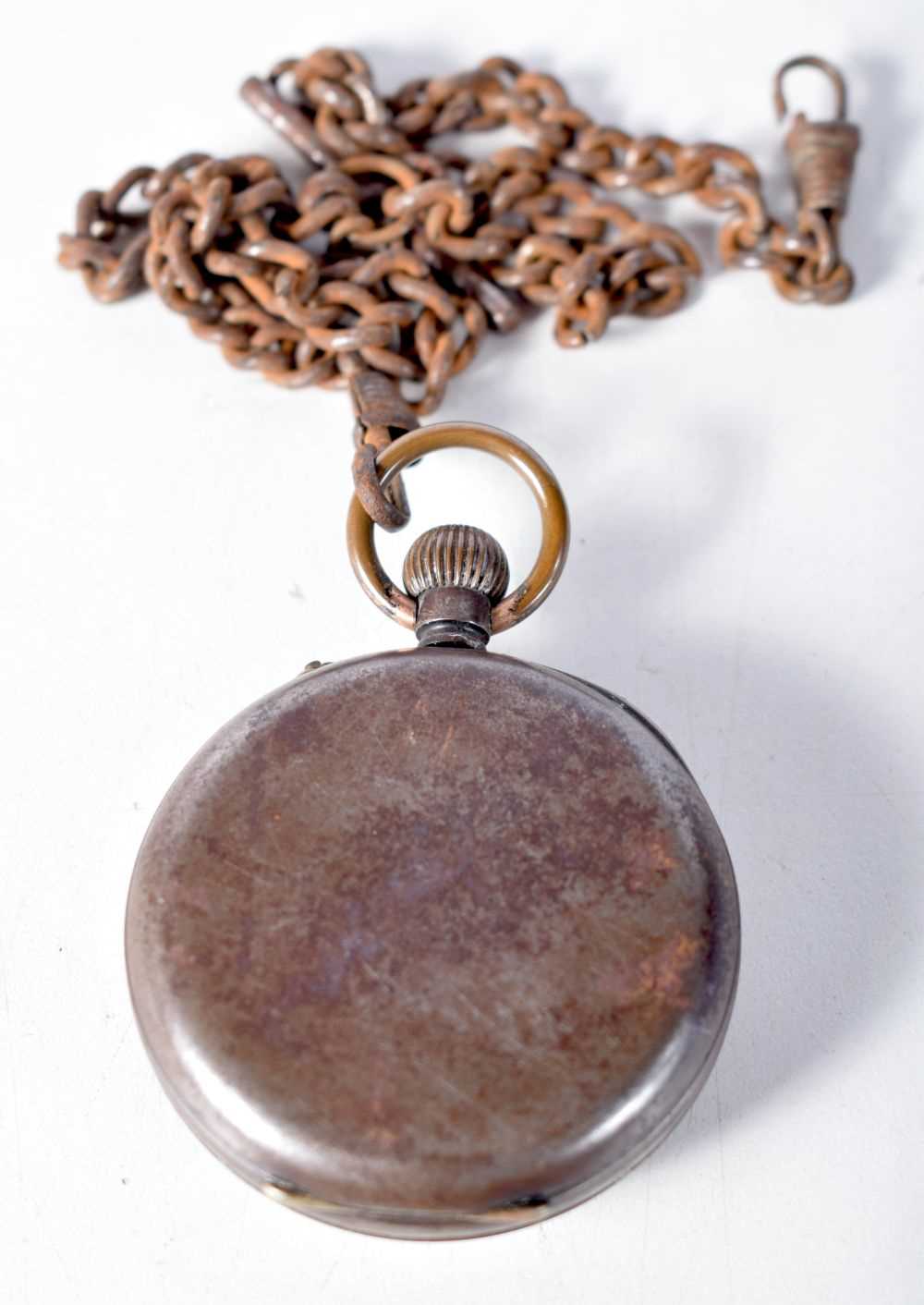 A Gun Metal Cased Pocket Watch with a Steel Chain. 4.9cm dial, not working - Image 2 of 3