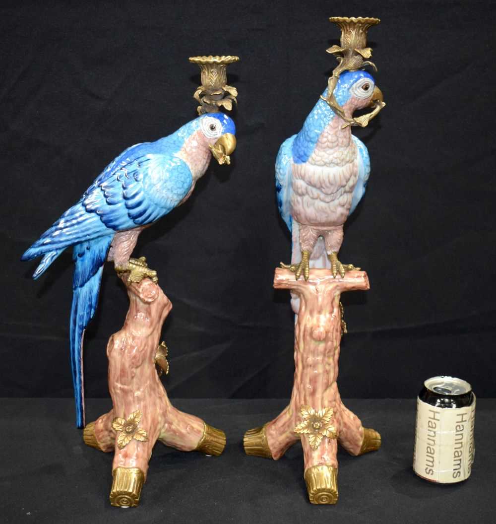 A large pair of Ormolu mounted porcelain parrot candlesticks 48 cm (2) - Image 2 of 6