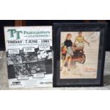 A framed Motorcycle racing poster T T past masters together with a vintage advertising poster for