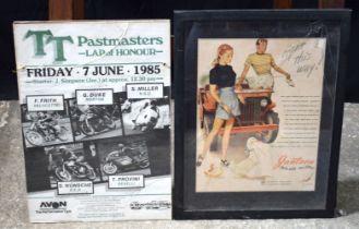 A framed Motorcycle racing poster T T past masters together with a vintage advertising poster for