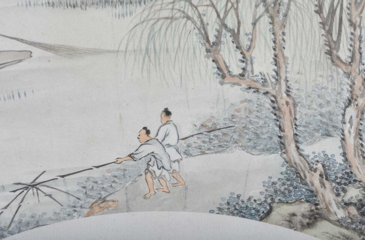 Attributed to Rong Zuchun (1872-1944) 2 x Fan watercolours, Figures by the lake. 57 cm x 33 cm. - Image 10 of 12