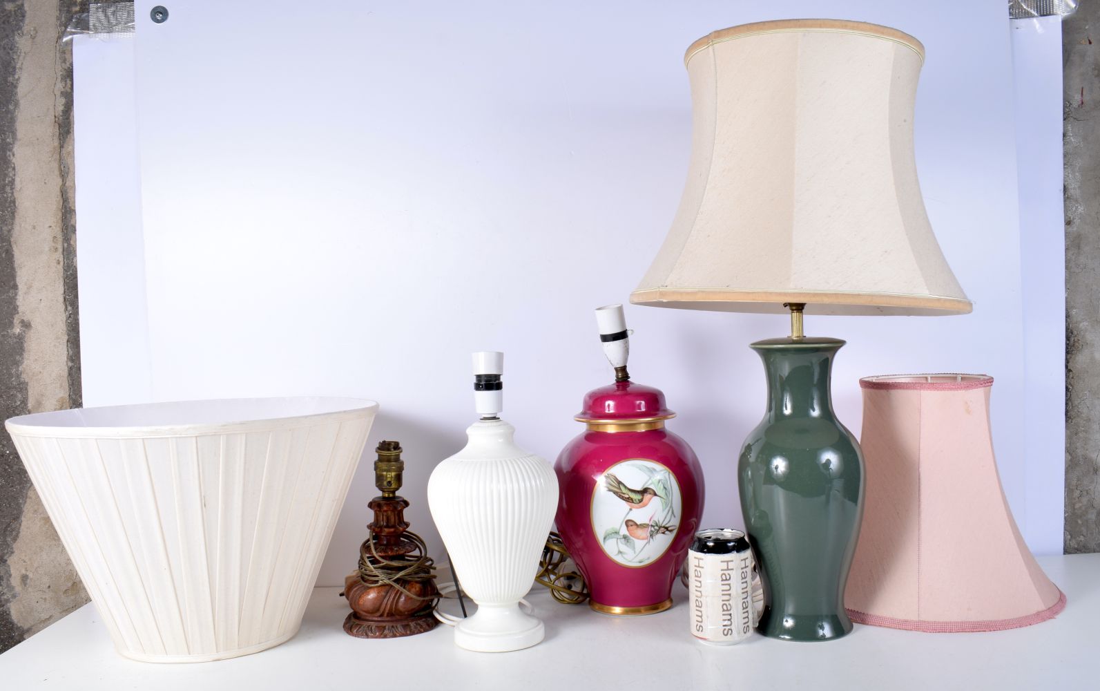 A collection of Porcelain and wooden table lamps including Wedgewood largest 33 cm. (4).