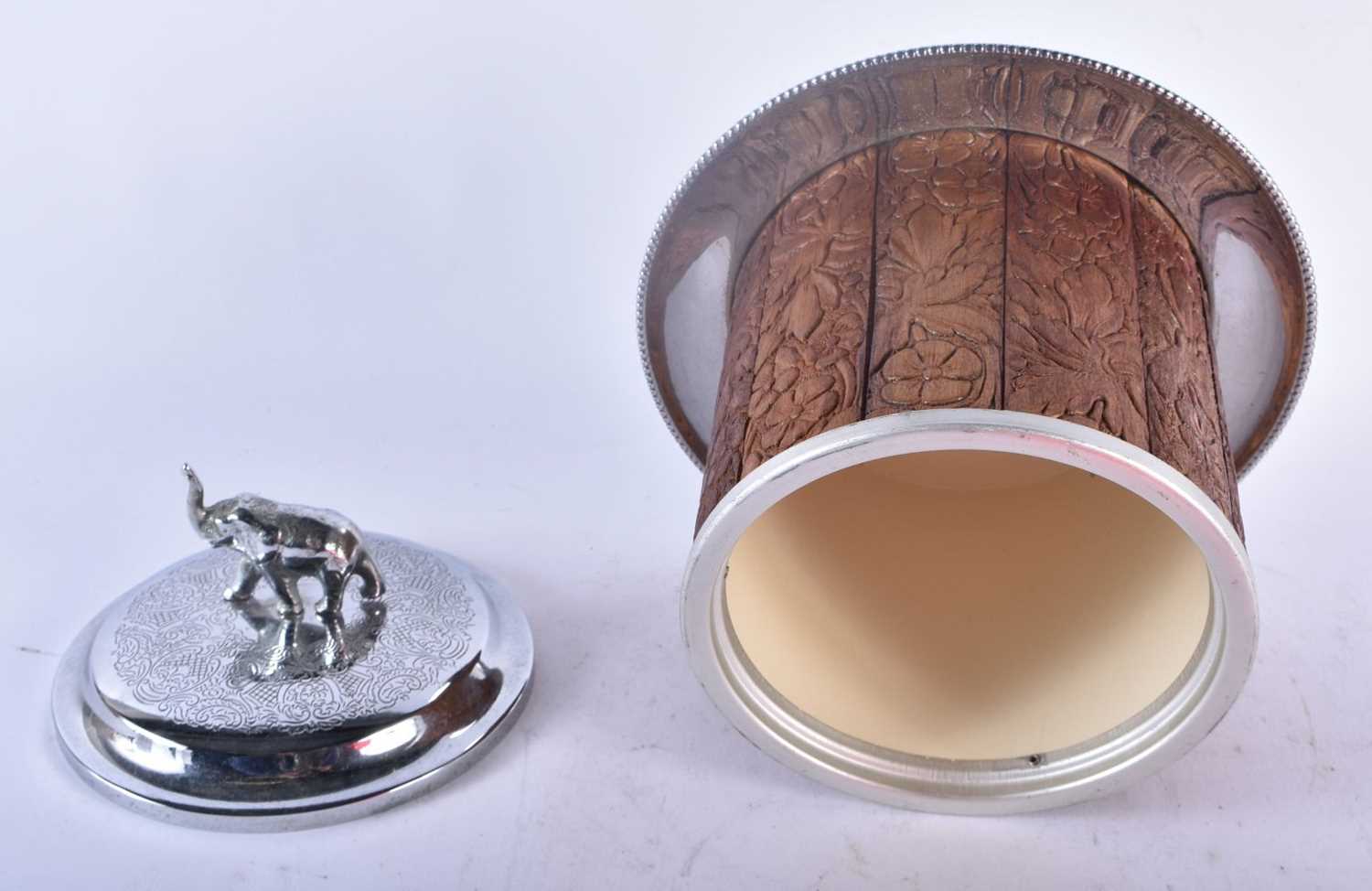 AN ANGLO INDIAN SILVER PLATED CARVED WOOD ELEPHANT BISCUIT BARREL AND COVER together with a bronze - Image 6 of 7