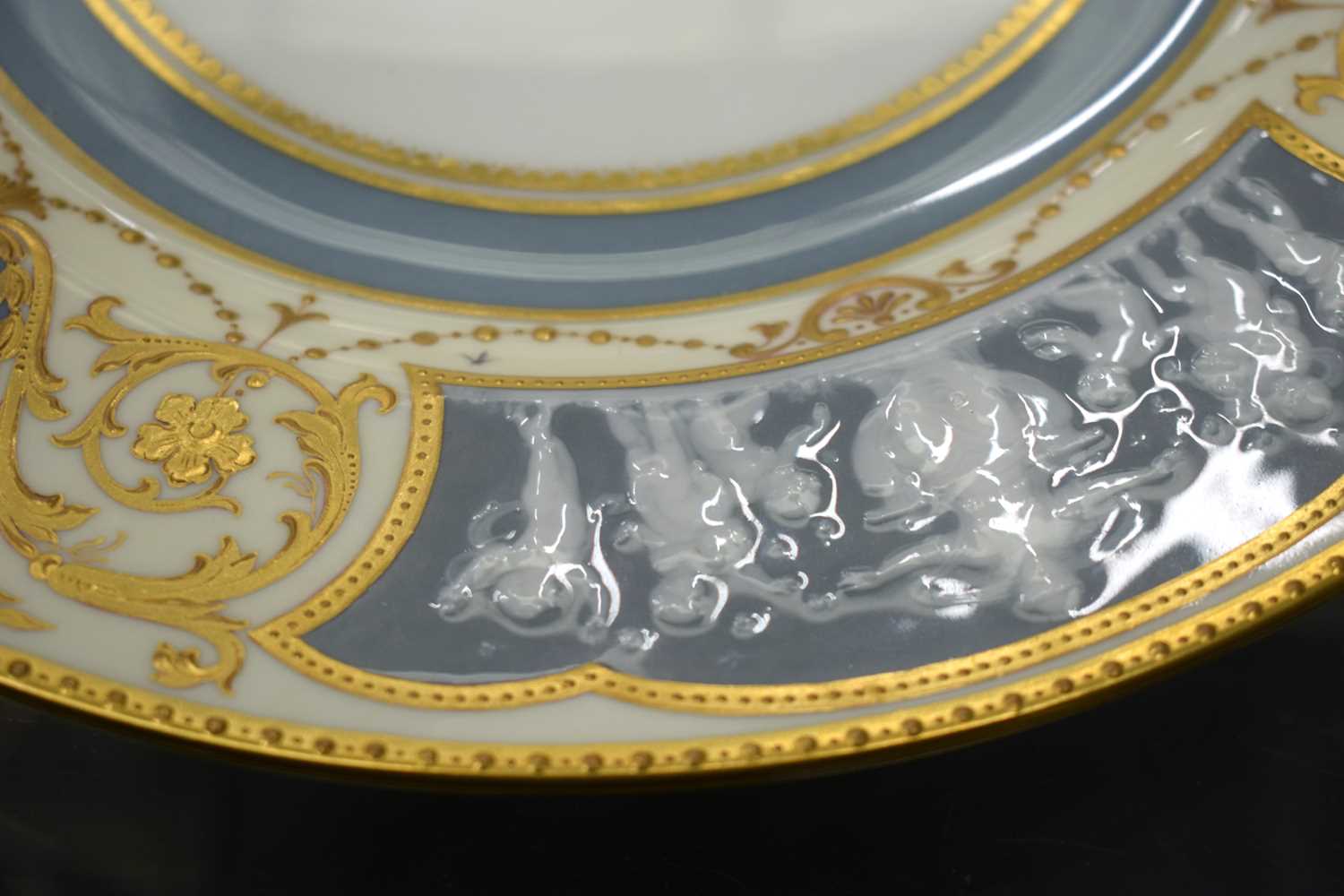 Early 20th century Minton fine pate sur pate plate decorated with three panels of figures and winged - Image 10 of 20