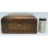 A 19th Century inlaid wooden sewing box with central mother of pearl central decoration 14 x 28 x