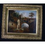 19th Century Oil on board , figures under a bridge 18 x 23 cm