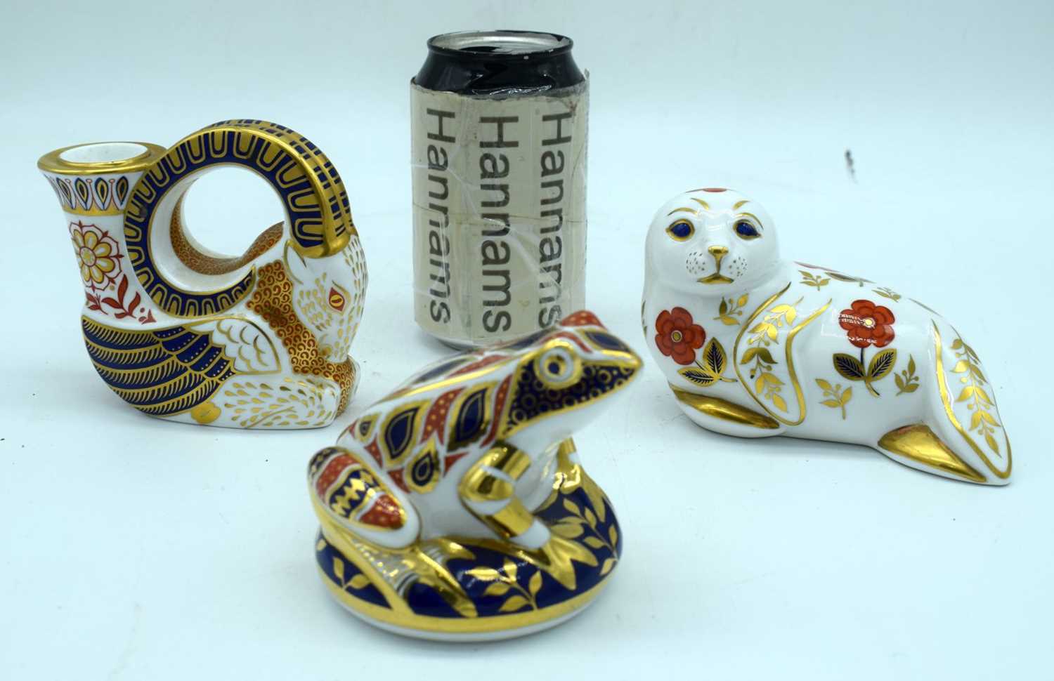 A Royal Crown Derby collection including an Imari pattern Ram candlestick together with a seal and a - Image 2 of 6