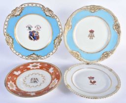 FOUR EARLY 19TH CENTURY CHAMBERLAINS WORCESTER ARMORIAL PLATES in various forms and sizes. Largest