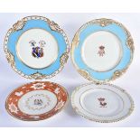 FOUR EARLY 19TH CENTURY CHAMBERLAINS WORCESTER ARMORIAL PLATES in various forms and sizes. Largest