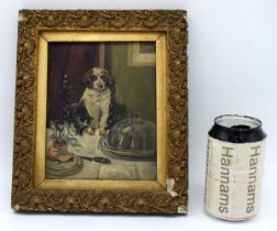 Late 19th/20th Century framed oil on glass depicting a Cat & dog 17 x 13.5 cm.