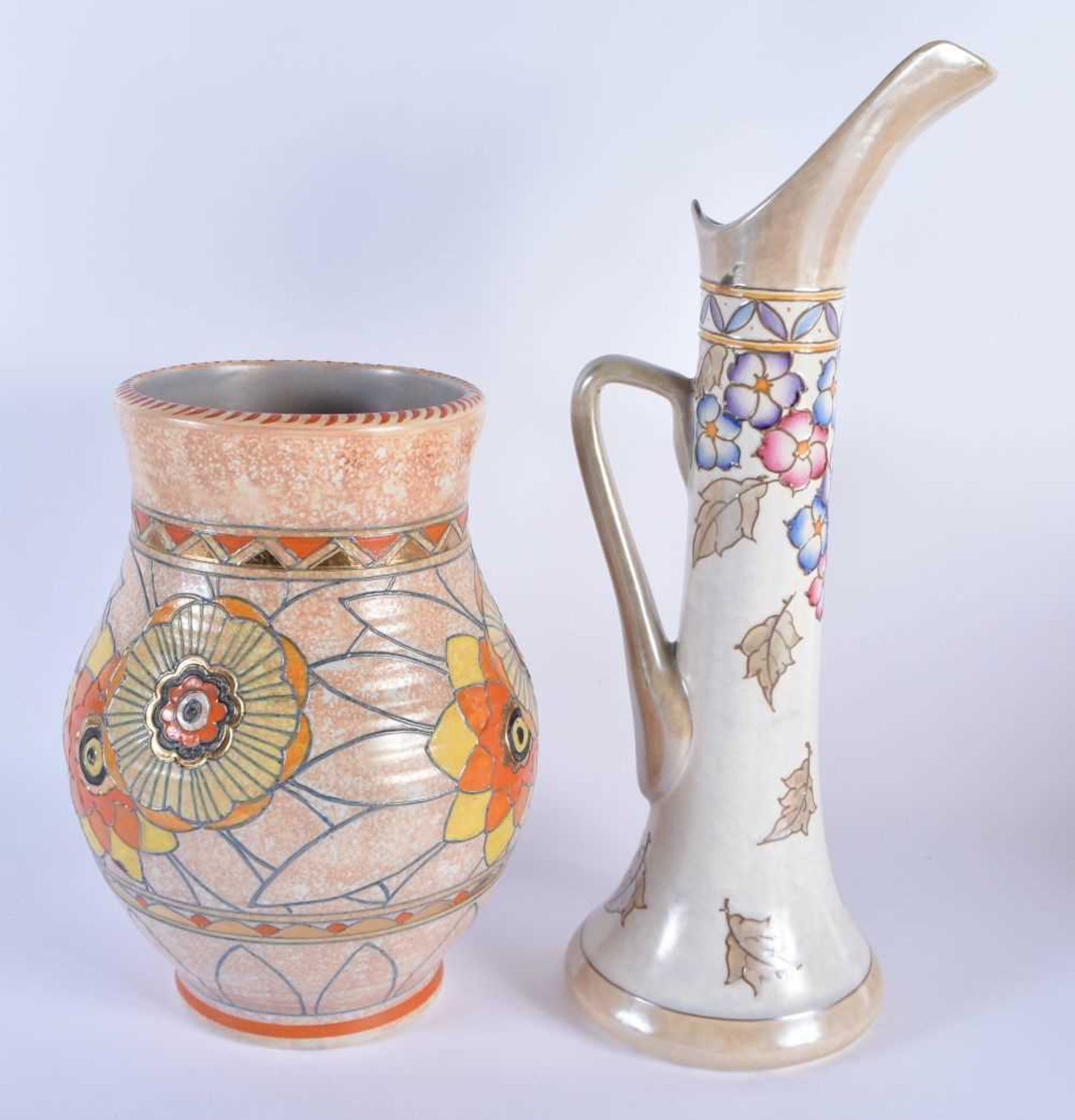 THREE LARGE ART DECO ENGLISH POTTERY VASES together with a ewer, bursley ware etc. Largest 38.5 cm - Image 6 of 8