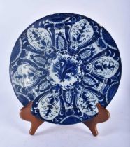 A LARGE 18TH CENTURY DUTCH DELFT BLUE AND WHITE POTTERY DISH painted with flowers and motifs. 34