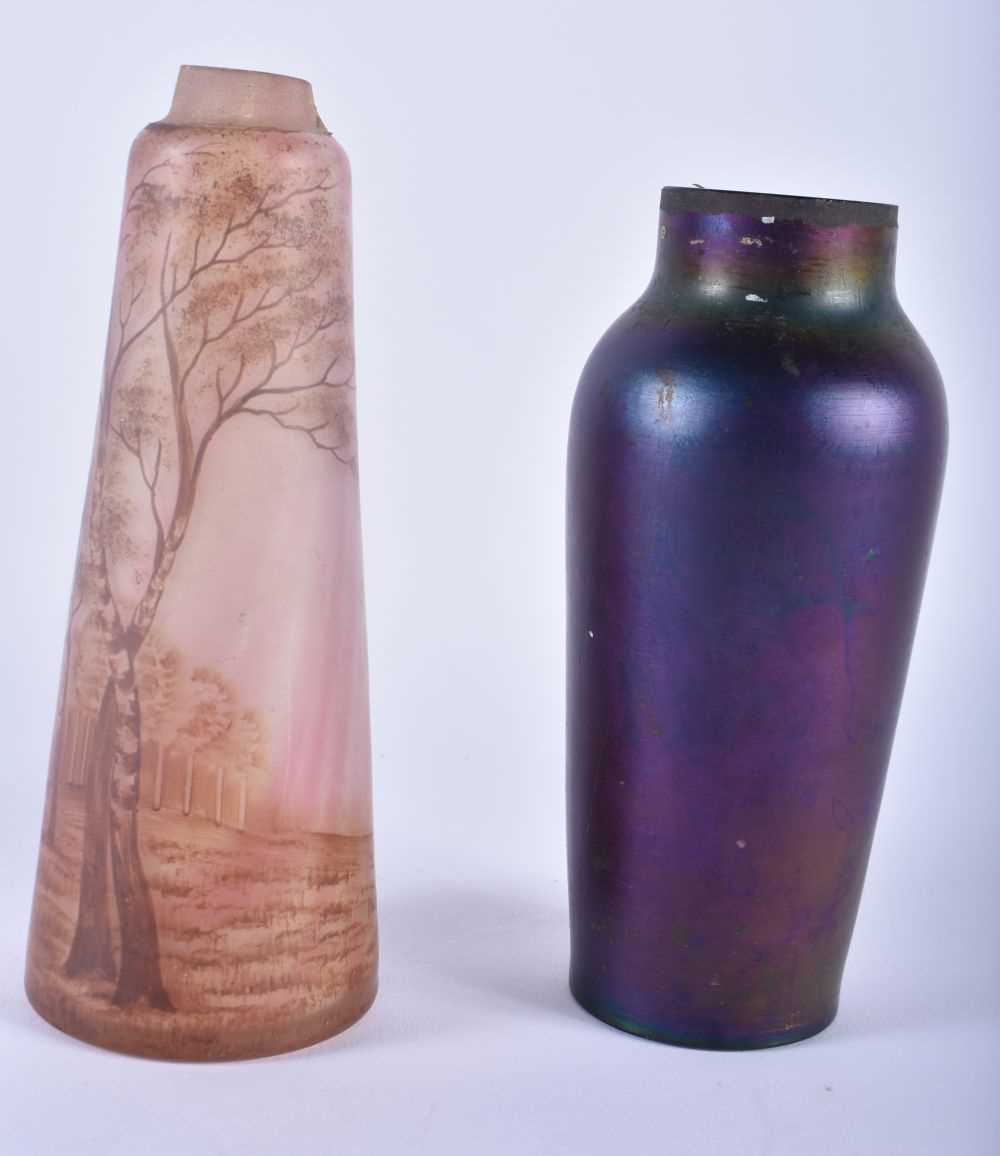 TWO ART NOUVEAU ENAMELLED GLASS VASES painted with landscapes and foliage. Largest 16 cm high. (2) - Image 2 of 4